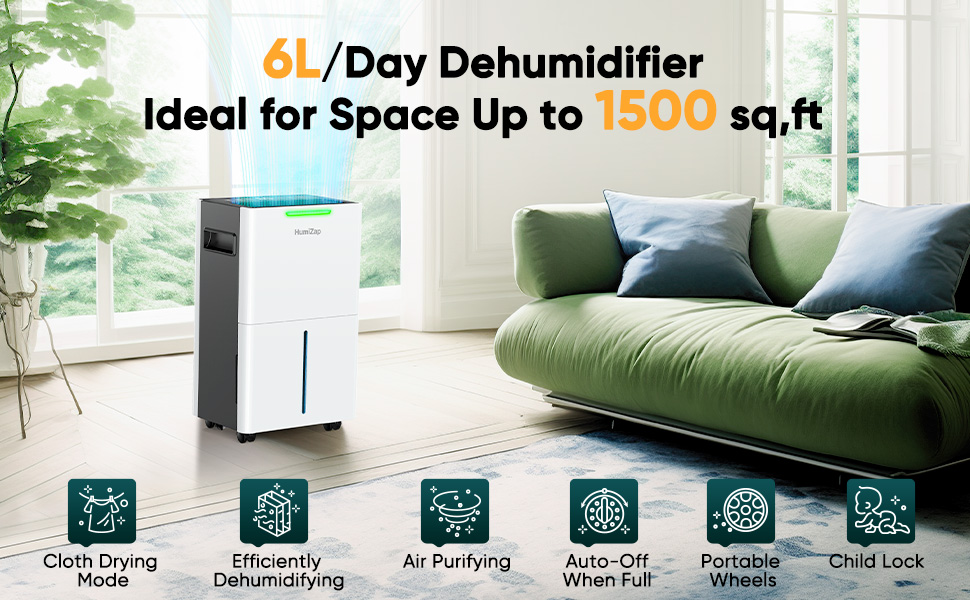 Deumidificatore bianco con capacità di 6 litri al giorno, adatto per spazi fino a 1500 piedi quadrati. Le caratteristiche includono l'asciugatura dei panni, la purificazione dell'aria, lo spegnimento automatico,