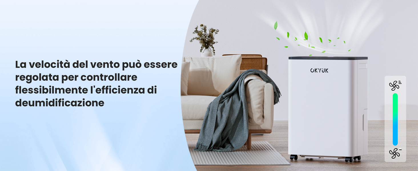 Moderna unità di deumidificazione bianca mostrata nell'impostazione della stanza con display digitale e coperta grigia nelle vicinanze. Testo italiano visibile in primo piano