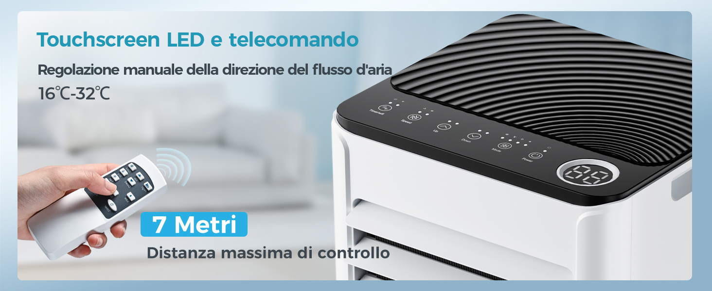 Il testo dice 'Touchscreen LED e telecomando' in alto. Collezione di display con interfaccia digitale che mostrano i controlli della temperatura e la funzionalità touchscreen con funzioni di controllo remoto.