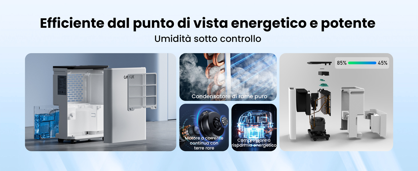 Immagine composita che mostra deumidificatori ad alta efficienza energetica. Presenta diversi pannelli che mostrano le visualizzazioni dei prodotti, le funzionalità di controllo dell'umidità, la tecnologia dei compressori e le metriche del consumo energetico