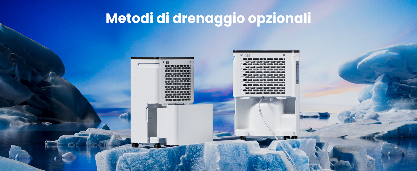 Due unità di raffreddamento o refrigerazione industriali bianche con pannelli perforati, incastonate su uno sfondo di ghiaccio e cielo, che dimostrano metodi di drenaggio opzionali