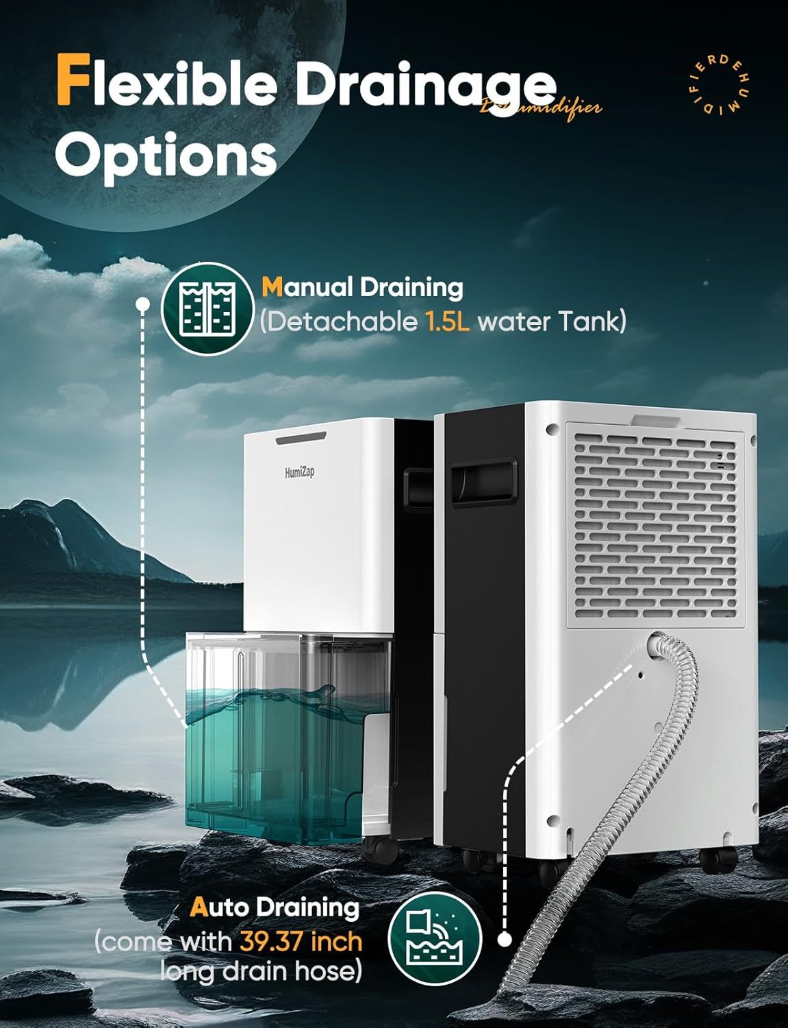 Home Dehumidifiers - Dehumidifiers with Drain Pipe for Large Rooms, Bathroom, Closet, Intelligent Humidity Control, Auto Shut Off Protection, 3 Modes