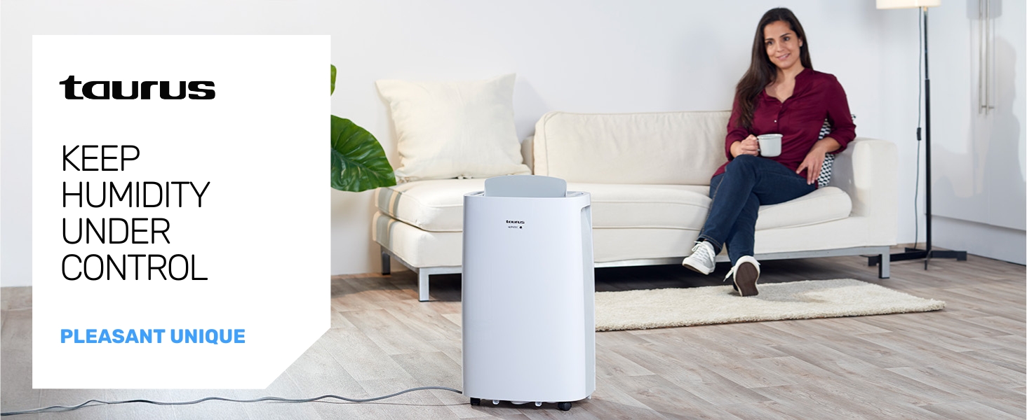 Il testo dice «KEEP». Unità di deumidificazione bianca mostrata nel soggiorno con pavimenti in legno e pareti bianche.