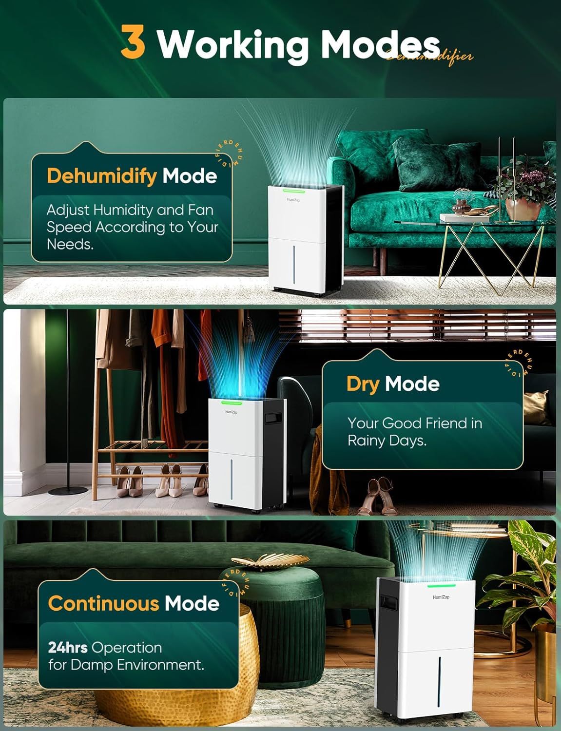 Home Dehumidifiers - Dehumidifiers with Drain Pipe for Large Rooms, Bathroom, Closet, Intelligent Humidity Control, Auto Shut Off Protection, 3 Modes
