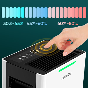 Dispositivo bianco e nero con comandi touch e display. Mostra i livelli di umidità dal 30 all'80% con indicatori codificati a colori. Interazione manuale con interfaccia touch circolare