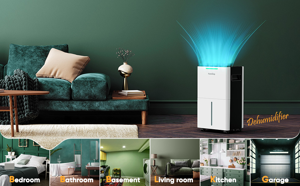 Deumidificatore bianco che emette luce blu in un soggiorno, con immagini aggiuntive che ne mostrano l'utilizzo in vari spazi domestici tra cui camera da letto, bagno e