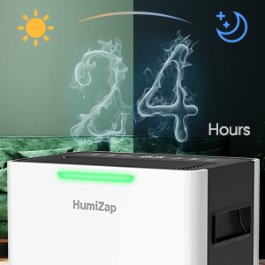 Dispositivo rettangolare bianco con etichetta 'HumiZap'. Il display mostra le icone del sole e della luna con il testo «24 ore»