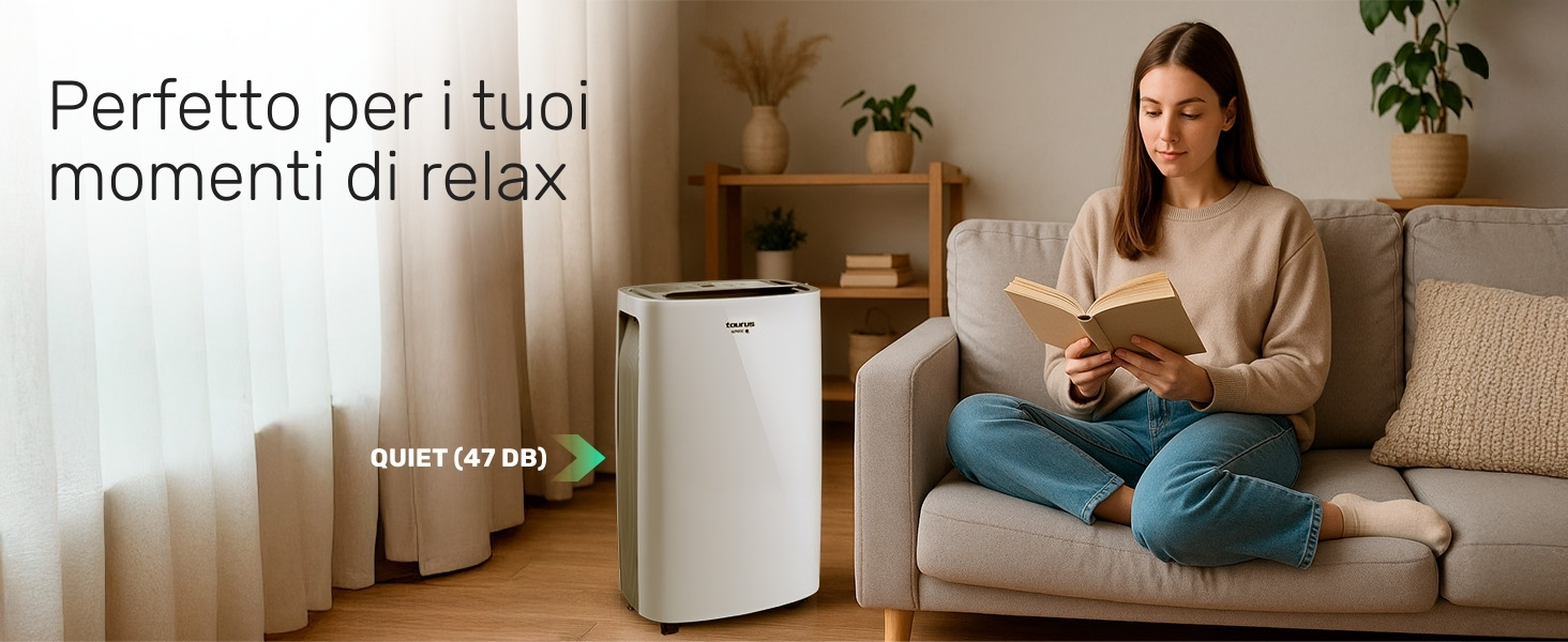 Il testo recita «Perfetto per i tuoi momenti di relax». Scene da soggiorno che mostrano un purificatore d'aria o un dispositivo umidificatore in ambienti domestici con arredamento moderno.