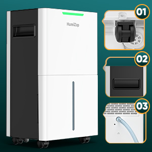 Deumidificatore rettangolare bianco con ruote. Tre immagini inserite mostrano i dettagli: pannello di controllo, serbatoio dell'acqua e