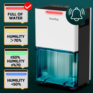 Deumidificatore bianco con serbatoio d'acqua blu. Il display digitale mostra i livelli di umidità e lo stato del serbatoio d'acqua. L'icona a forma di campana indica gli avvisi.