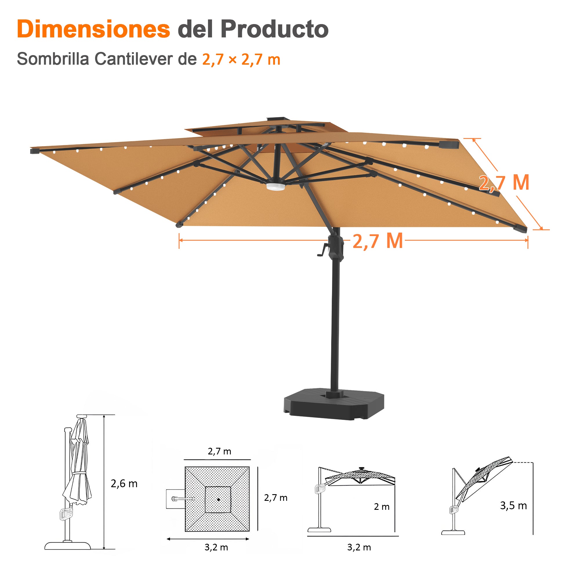 Patioslife Aegis Pro | Parasol Lateral Excéntrico 3x3m con LED Solar — Estructura de Aluminio Termolacado, Sombrilla Inclinable y Giratoria 360°