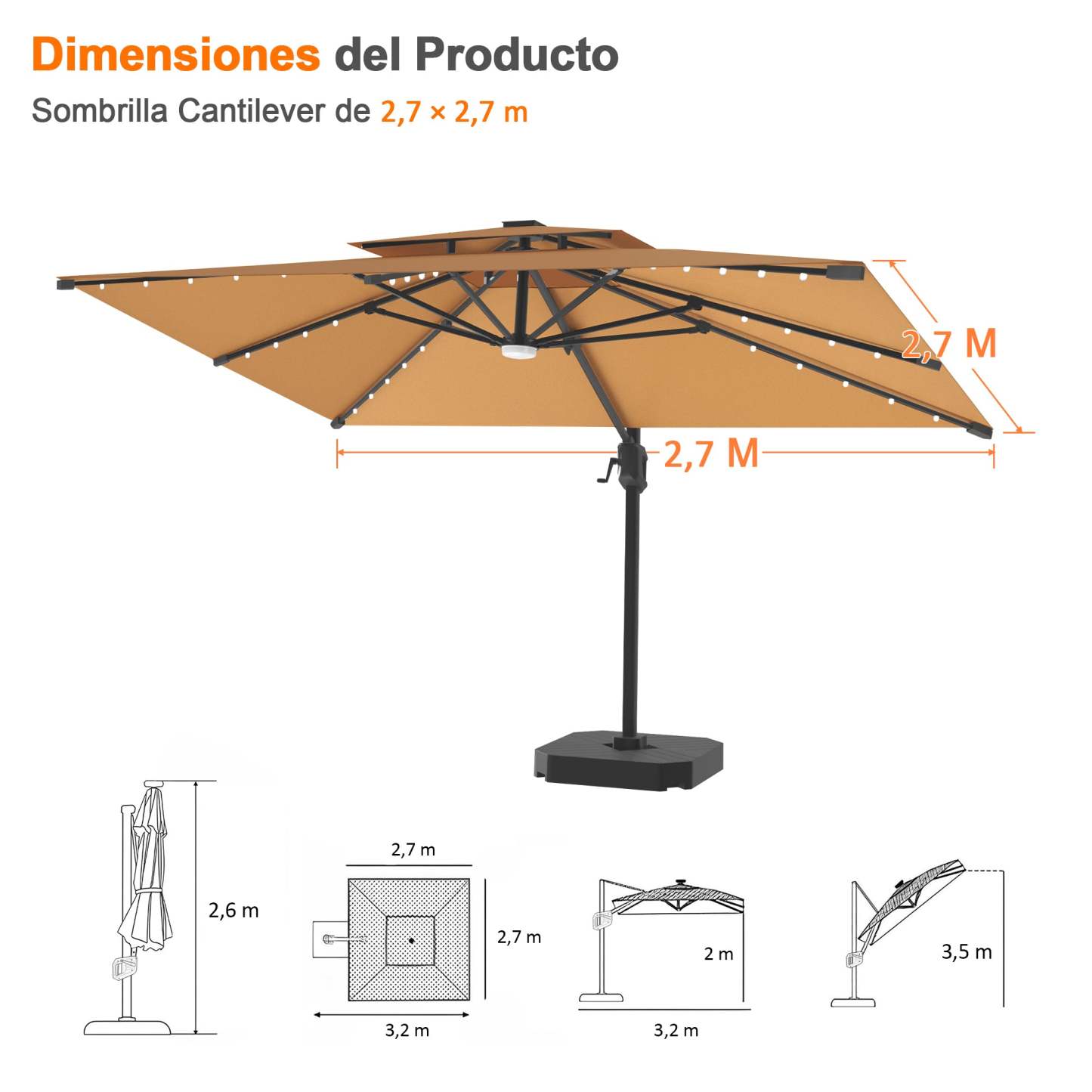 Patioslife Aegis Pro | Parasol Lateral Excéntrico 3x3m con LED Solar — Estructura de Aluminio Termolacado, Sombrilla Inclinable y Giratoria 360°