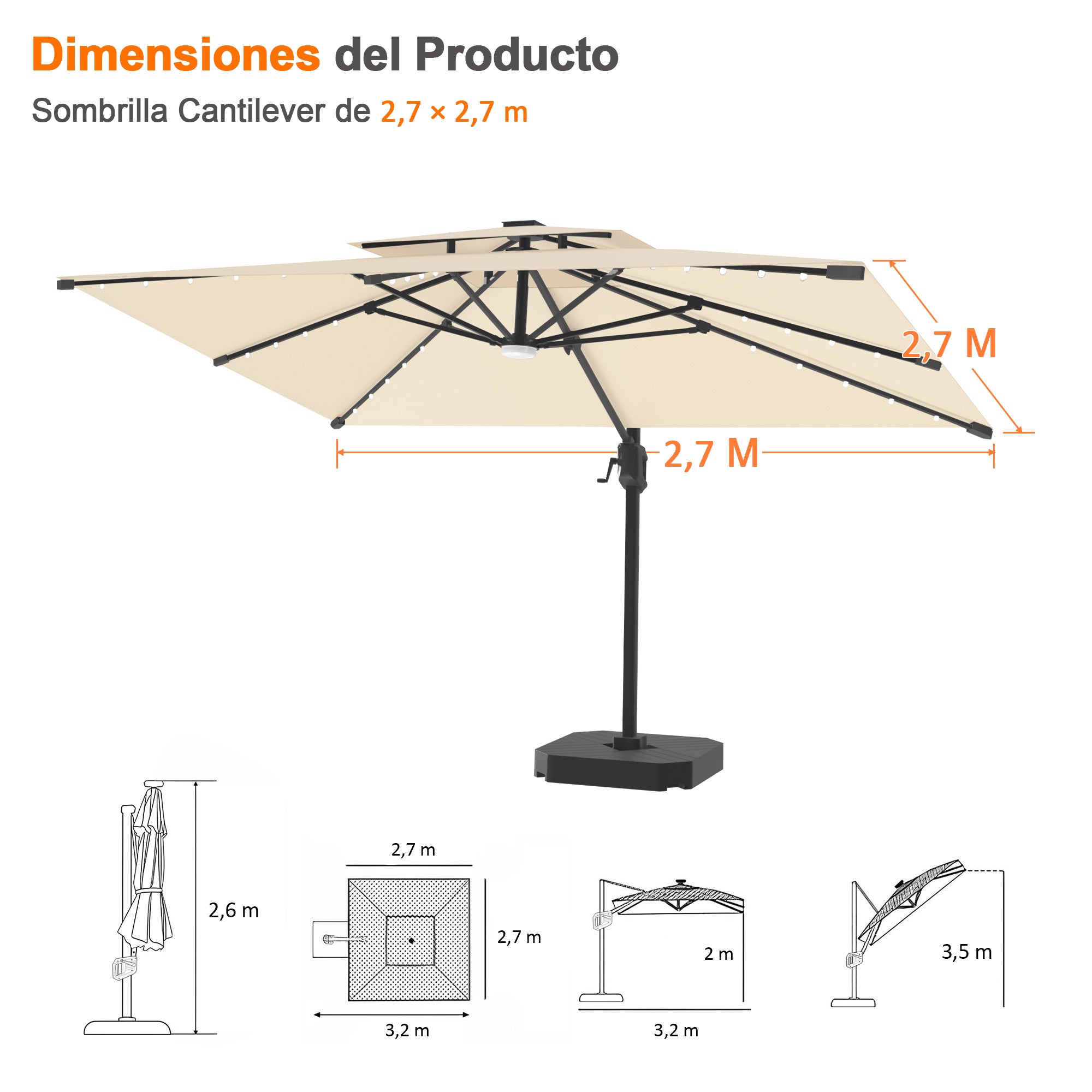 Patioslife Aegis Pro | Parasol Lateral Excéntrico 3x3m con LED Solar — Estructura de Aluminio Termolacado, Sombrilla Inclinable y Giratoria 360°