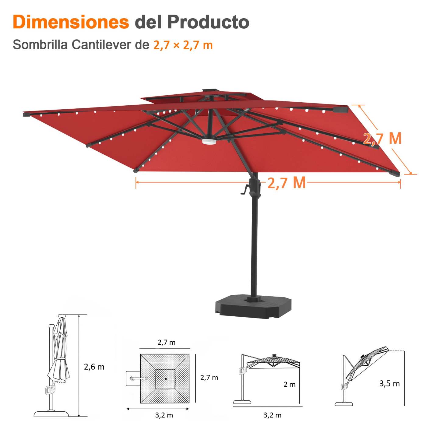 Patioslife Aegis Pro | Parasol Lateral Excéntrico 3x3m con LED Solar — Estructura de Aluminio Termolacado, Sombrilla Inclinable y Giratoria 360°