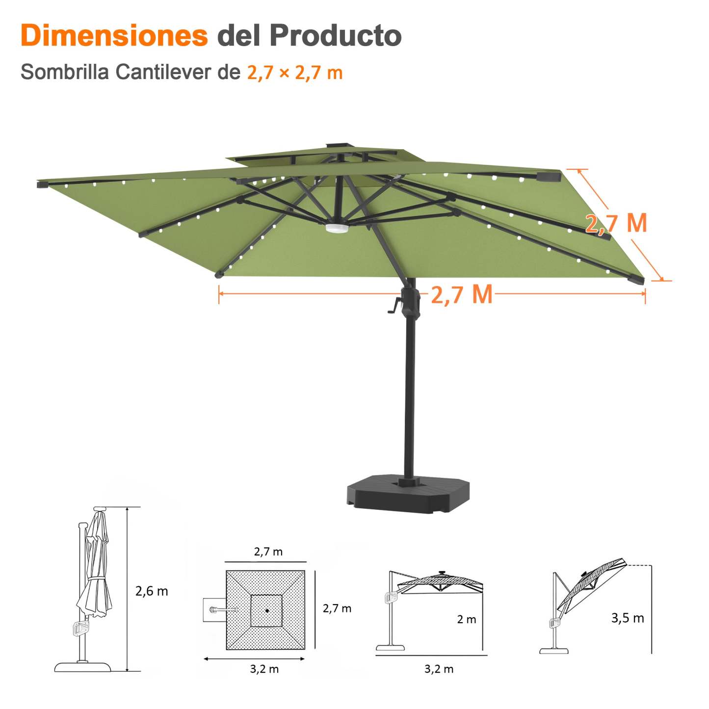 Patioslife Aegis Pro | Parasol Lateral Excéntrico 3x3m con LED Solar — Estructura de Aluminio Termolacado, Sombrilla Inclinable y Giratoria 360°