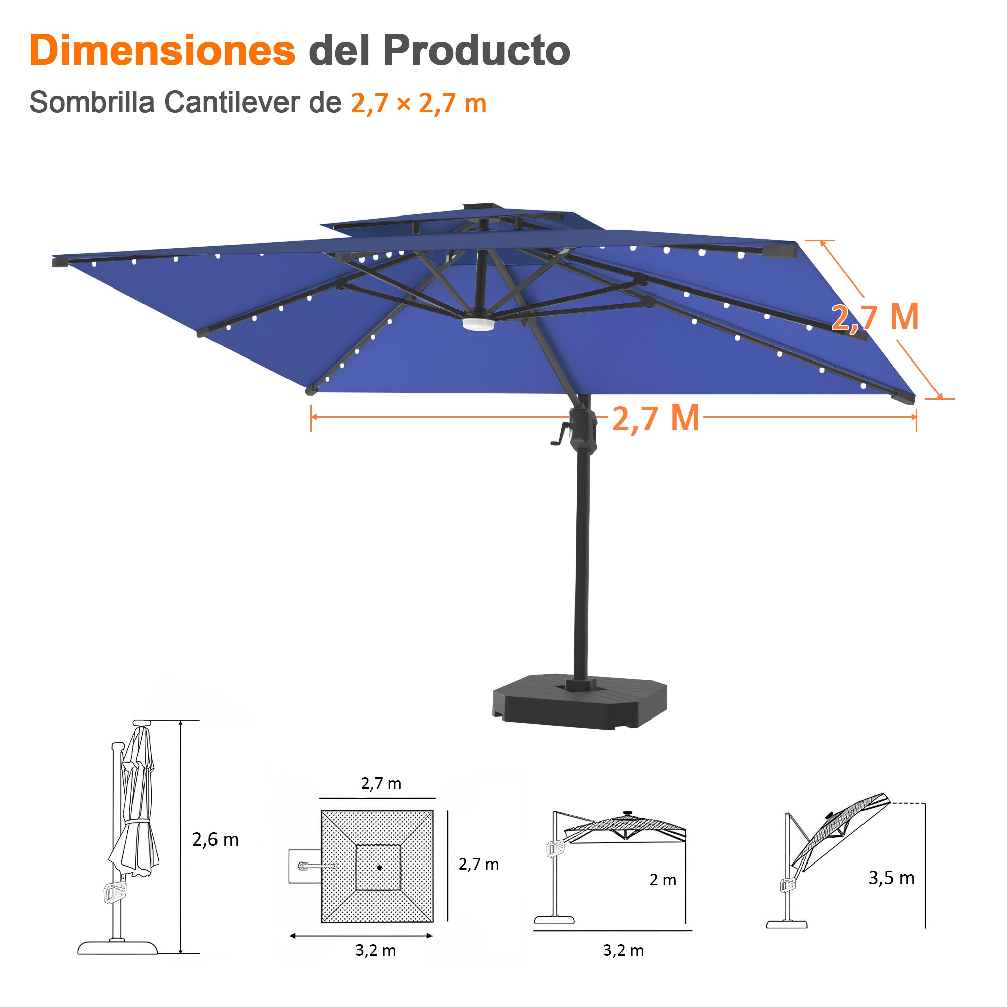 Patioslife Aegis Pro | Parasol Lateral Excéntrico 3x3m con LED Solar — Estructura de Aluminio Termolacado, Sombrilla Inclinable y Giratoria 360°