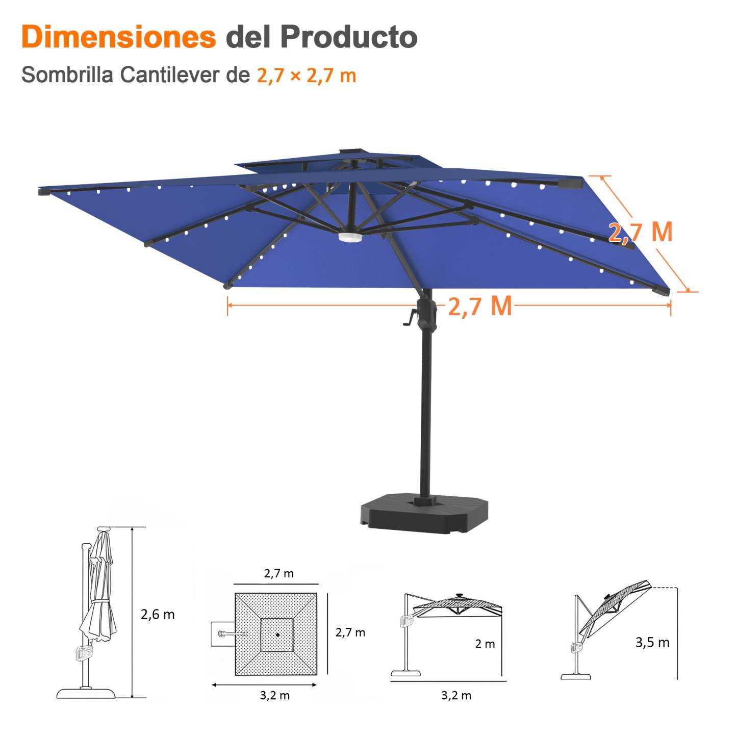 Patioslife Aegis Pro | Parasol Lateral Excéntrico 3x3m con LED Solar — Estructura de Aluminio Termolacado, Sombrilla Inclinable y Giratoria 360°