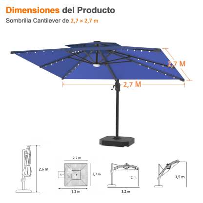 Patioslife Aegis Pro | Parasol Lateral Excéntrico 3x3m con LED Solar — Estructura de Aluminio Termolacado, Sombrilla Inclinable y Giratoria 360°