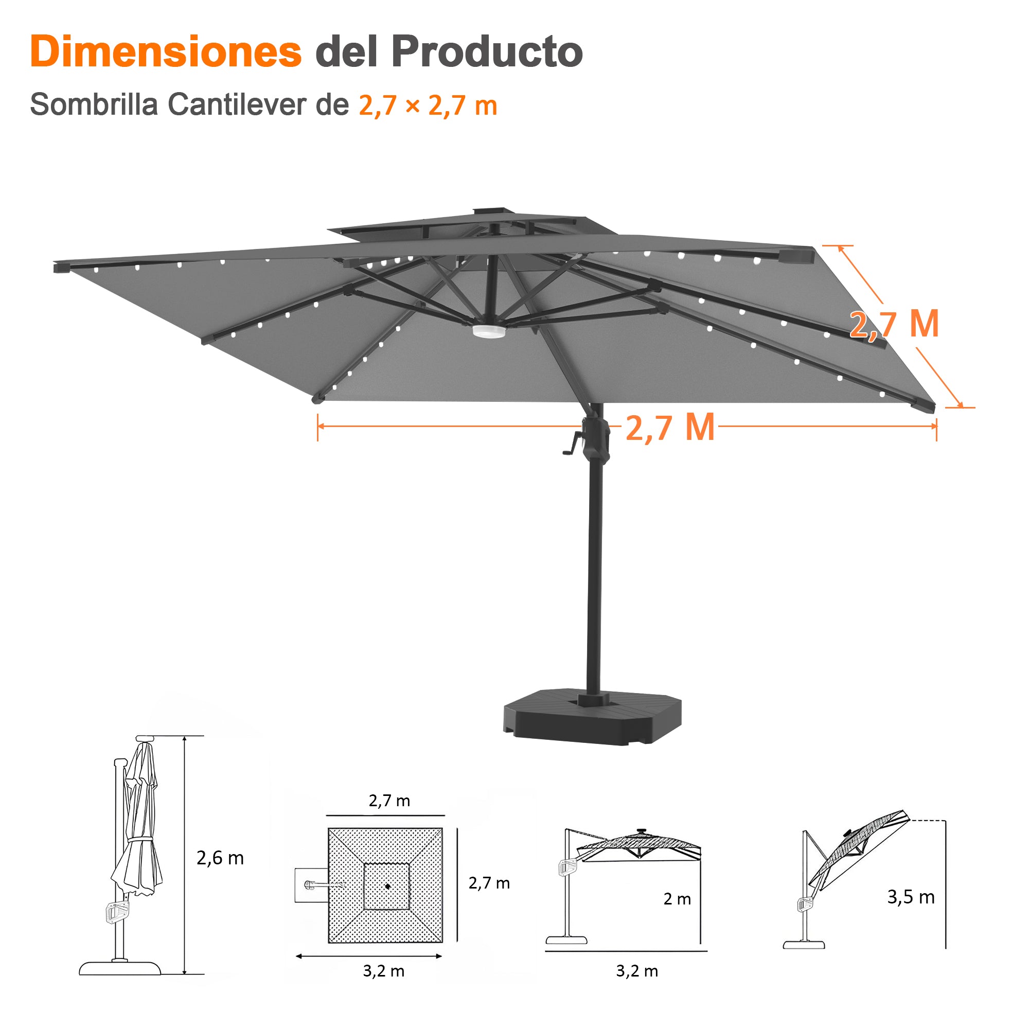 Patioslife Aegis Pro | Parasol Lateral Excéntrico 3x3m con LED Solar — Estructura de Aluminio Termolacado, Sombrilla Inclinable y Giratoria 360°