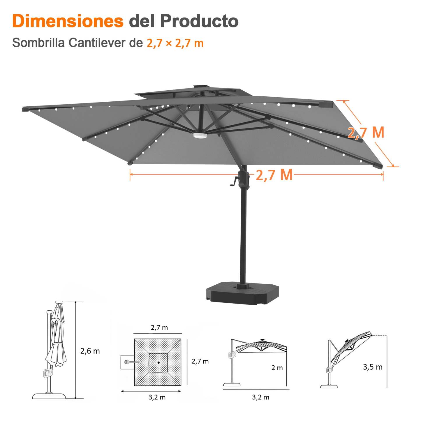 Patioslife Aegis Pro | Parasol Lateral Excéntrico 3x3m con LED Solar — Estructura de Aluminio Termolacado, Sombrilla Inclinable y Giratoria 360°