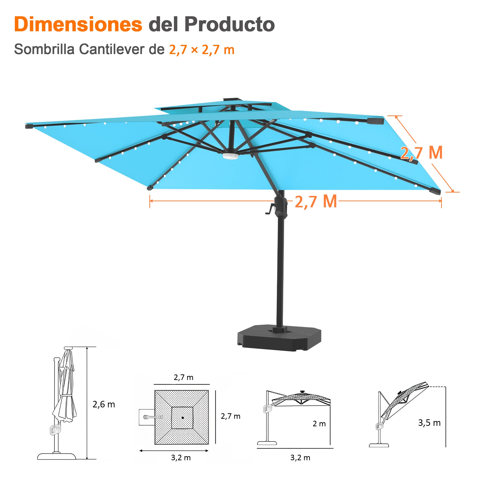 Patioslife Aegis Pro | Parasol Lateral Excéntrico 3x3m con LED Solar — Estructura de Aluminio Termolacado, Sombrilla Inclinable y Giratoria 360°
