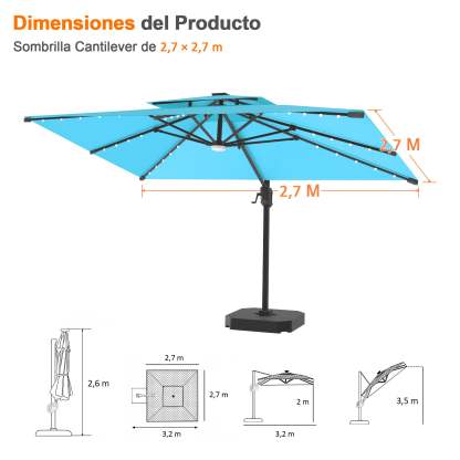 Patioslife Aegis Pro | Parasol Lateral Excéntrico 3x3m con LED Solar — Estructura de Aluminio Termolacado, Sombrilla Inclinable y Giratoria 360°