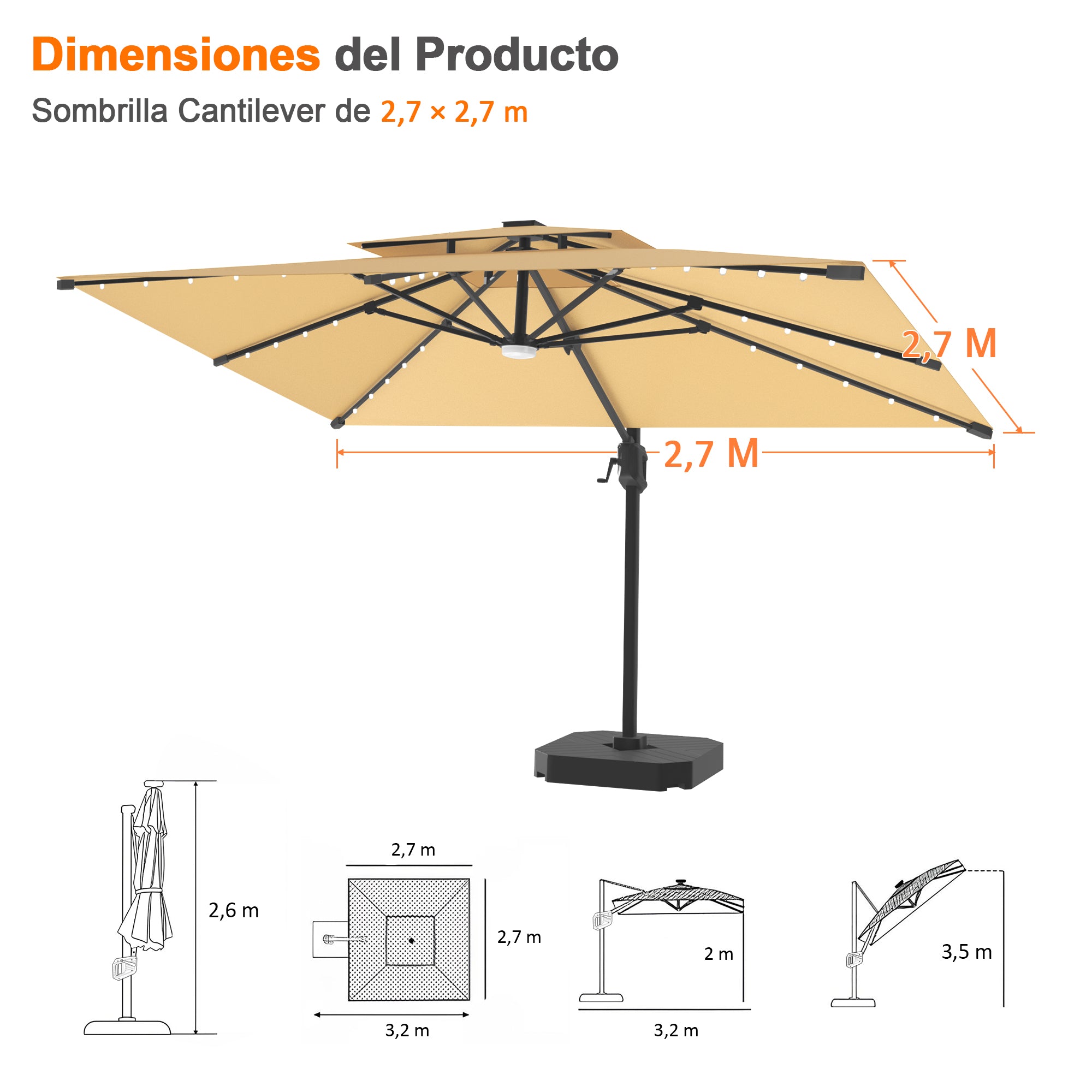 Patioslife Aegis Pro | Parasol Lateral Excéntrico 3x3m con LED Solar — Estructura de Aluminio Termolacado, Sombrilla Inclinable y Giratoria 360°