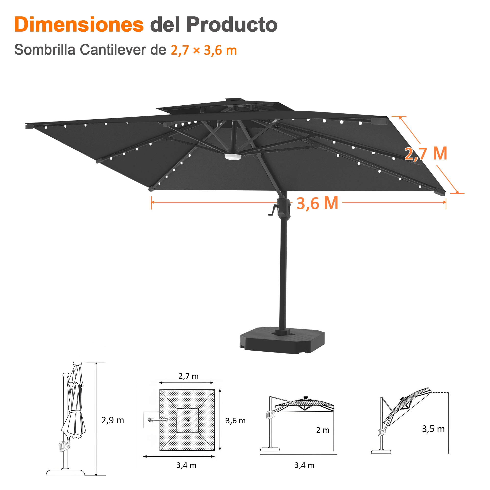 Patioslife Aegis Pro | Parasol Lateral Excéntrico 3x3m con LED Solar — Estructura de Aluminio Termolacado, Sombrilla Inclinable y Giratoria 360°