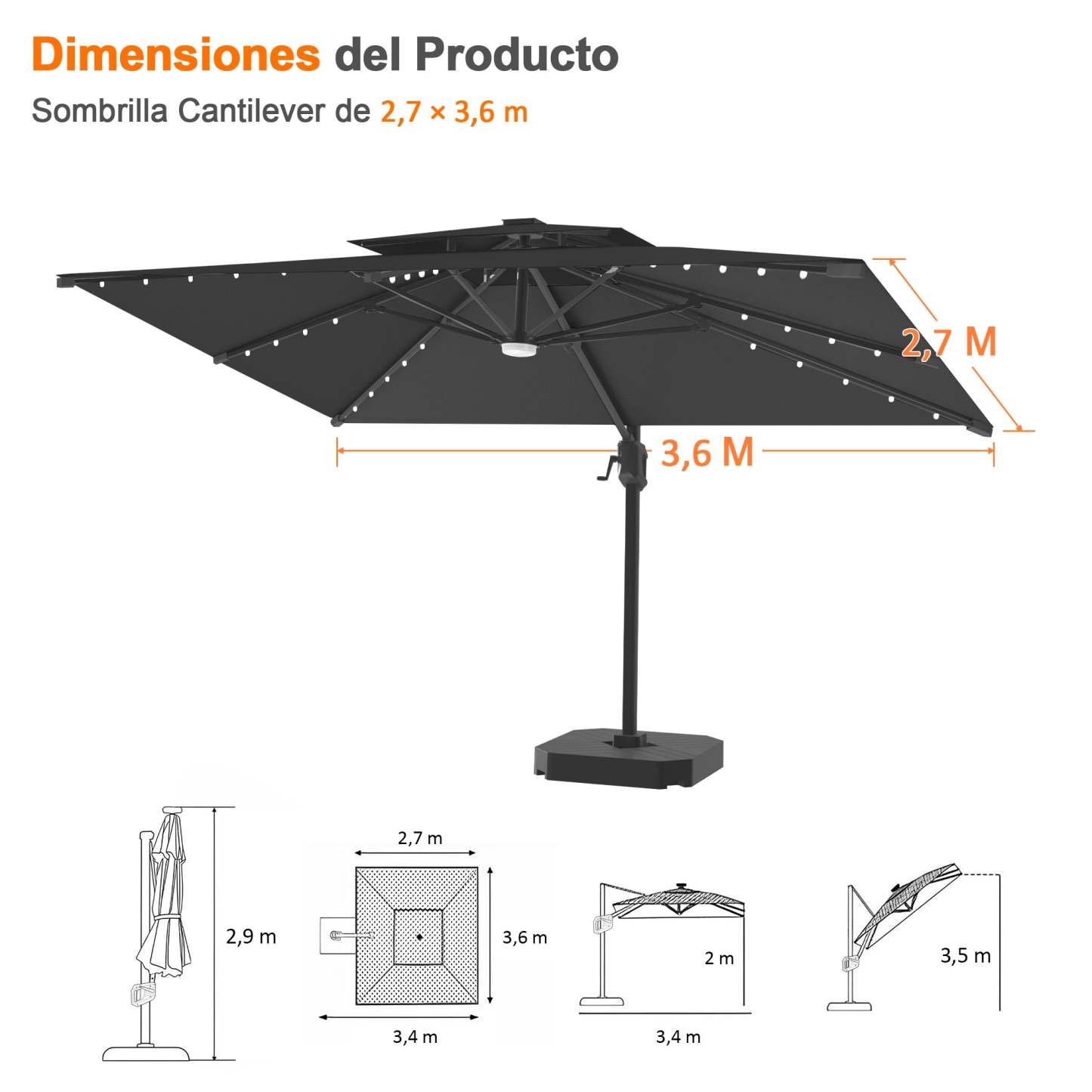 Patioslife Aegis Pro | Parasol Lateral Excéntrico 3x3m con LED Solar — Estructura de Aluminio Termolacado, Sombrilla Inclinable y Giratoria 360°
