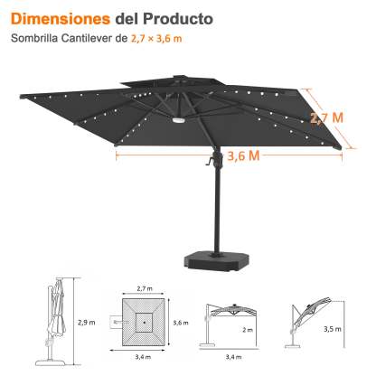 Patioslife Aegis Pro | Parasol Lateral Excéntrico 3x3m con LED Solar — Estructura de Aluminio Termolacado, Sombrilla Inclinable y Giratoria 360°