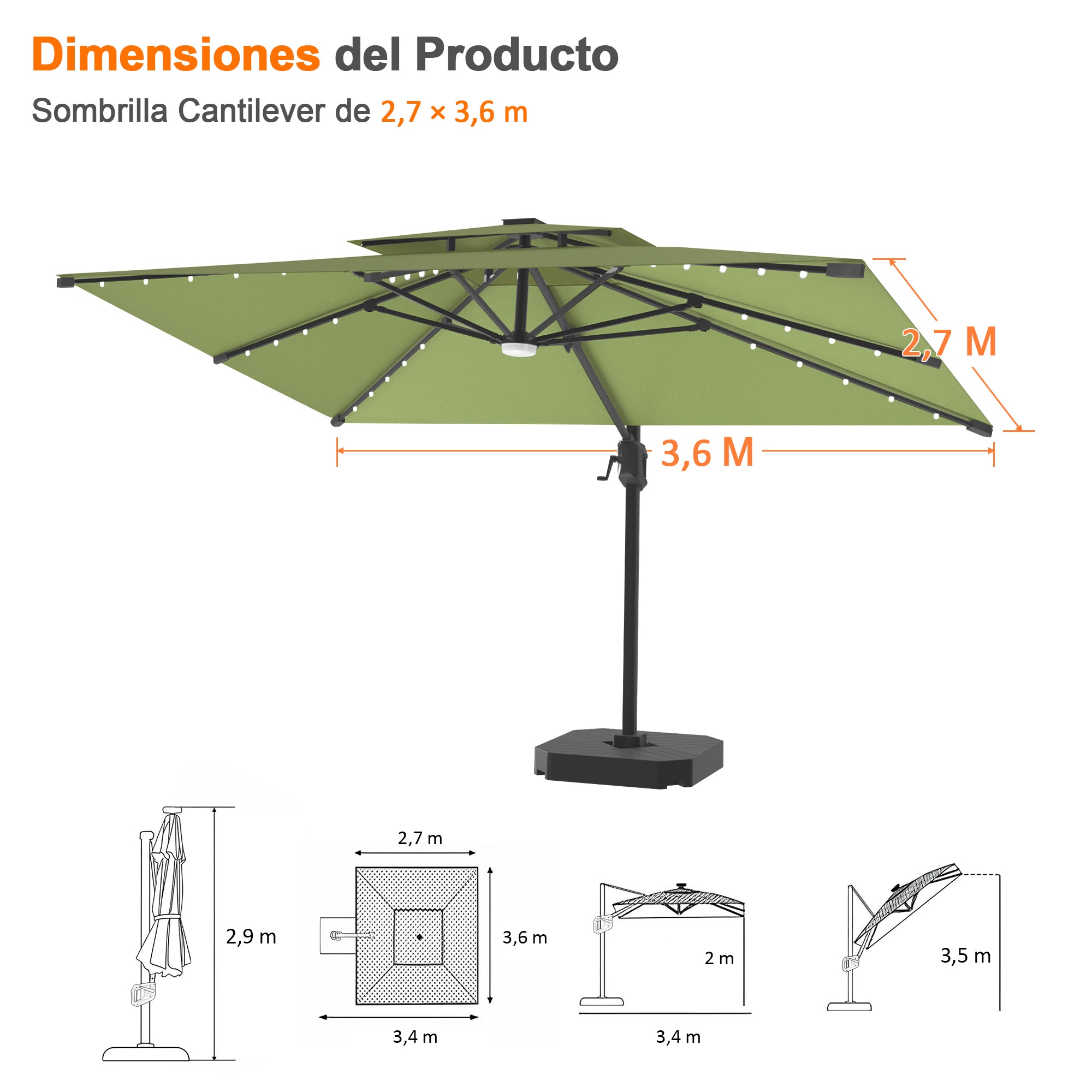 Patioslife Aegis Pro | Parasol Lateral Excéntrico 3x3m con LED Solar — Estructura de Aluminio Termolacado, Sombrilla Inclinable y Giratoria 360°