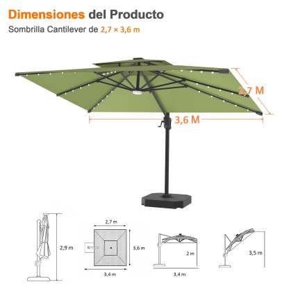 Patioslife Aegis Pro | Parasol Lateral Excéntrico 3x3m con LED Solar — Estructura de Aluminio Termolacado, Sombrilla Inclinable y Giratoria 360°