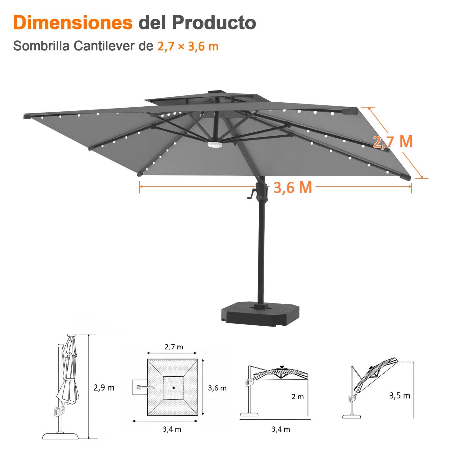 Patioslife Aegis Pro | Parasol Lateral Excéntrico 3x3m con LED Solar — Estructura de Aluminio Termolacado, Sombrilla Inclinable y Giratoria 360°