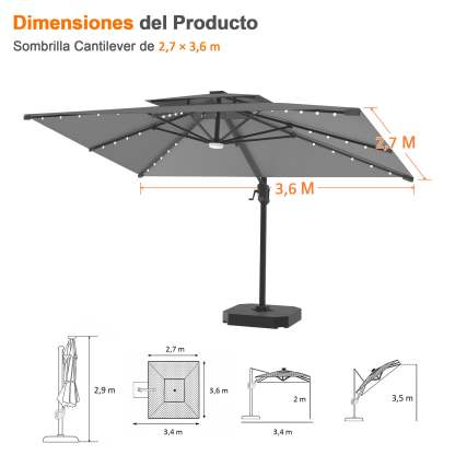 Patioslife Aegis Pro | Parasol Lateral Excéntrico 3x3m con LED Solar — Estructura de Aluminio Termolacado, Sombrilla Inclinable y Giratoria 360°
