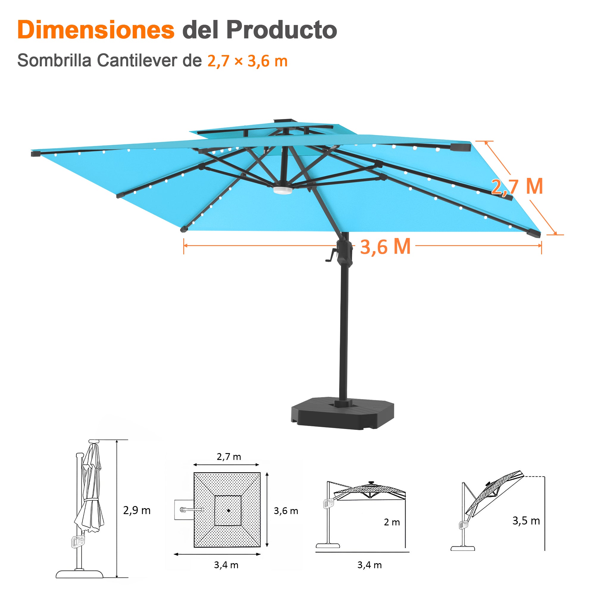 Patioslife Aegis Pro | Parasol Lateral Excéntrico 3x3m con LED Solar — Estructura de Aluminio Termolacado, Sombrilla Inclinable y Giratoria 360°
