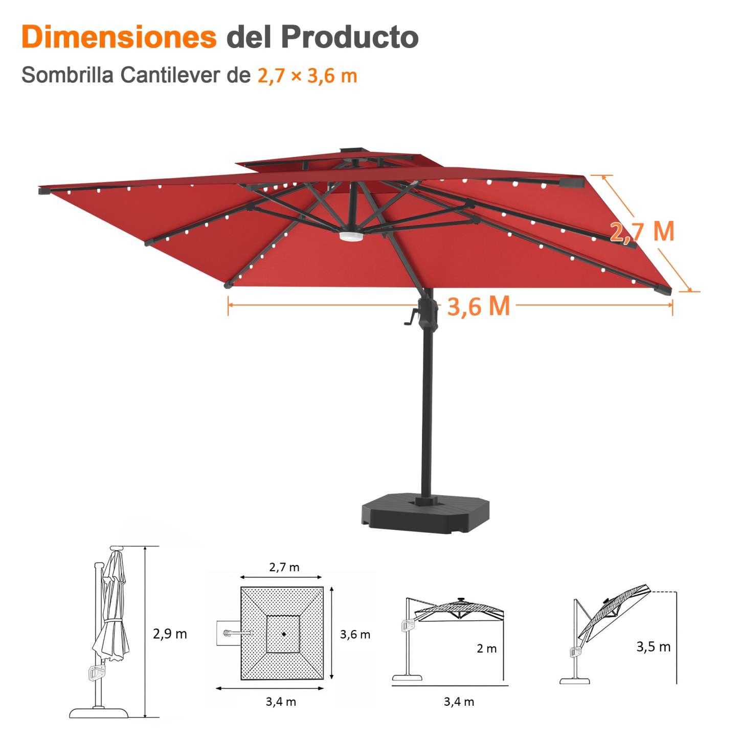 Patioslife Aegis Pro | Parasol Lateral Excéntrico 3x3m con LED Solar — Estructura de Aluminio Termolacado, Sombrilla Inclinable y Giratoria 360°