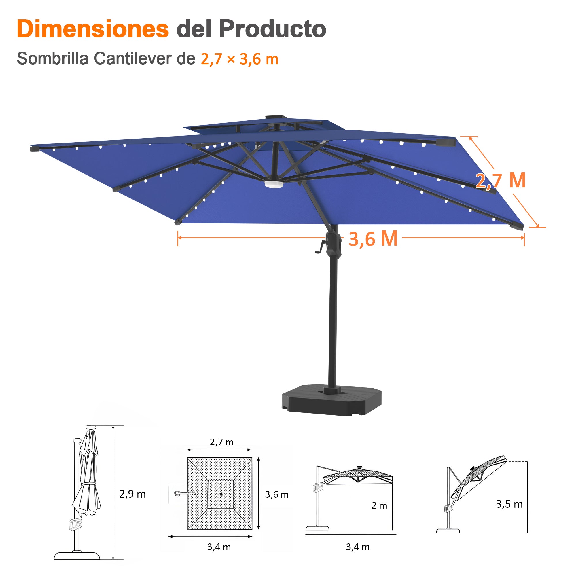 Patioslife Aegis Pro | Parasol Lateral Excéntrico 3x3m con LED Solar — Estructura de Aluminio Termolacado, Sombrilla Inclinable y Giratoria 360°