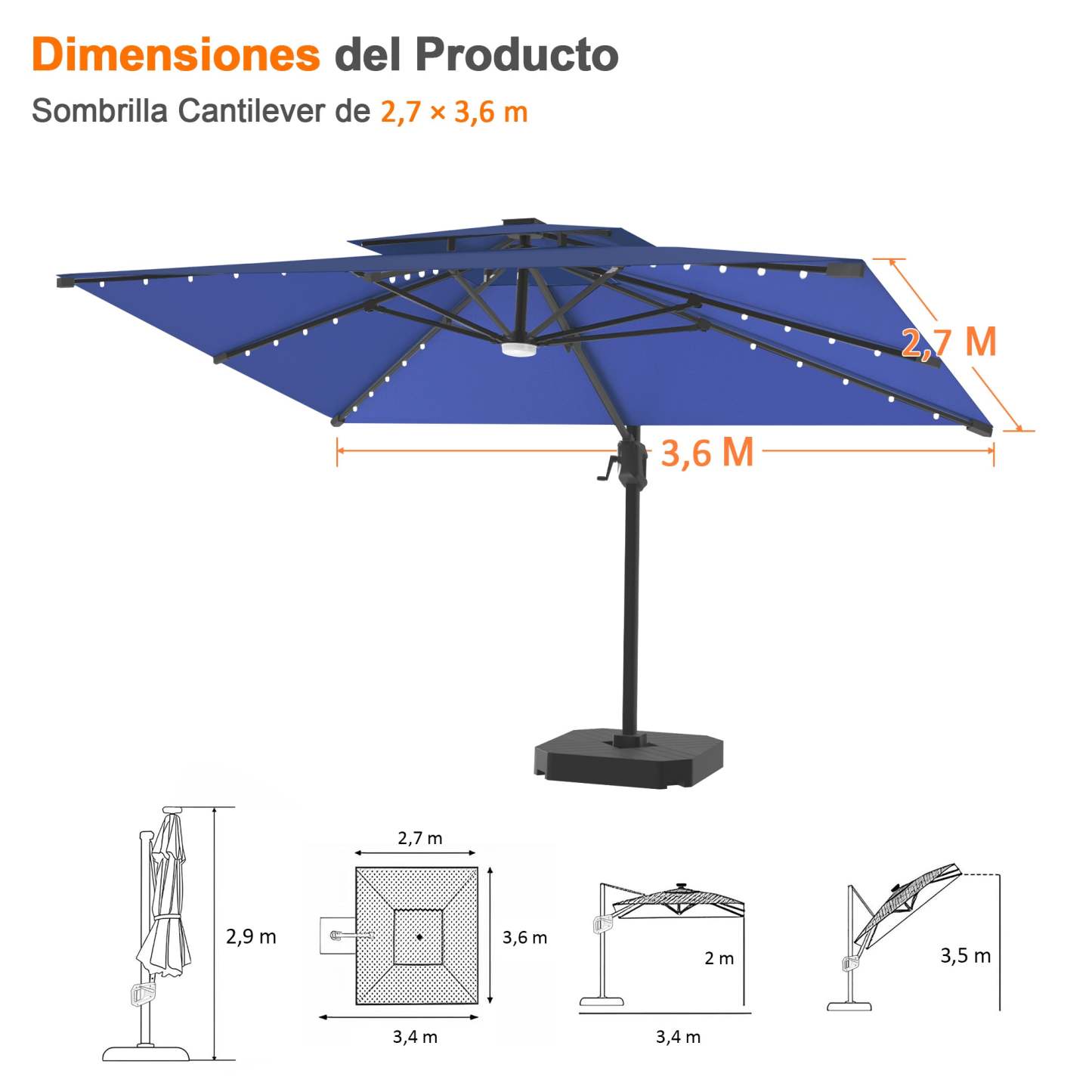 Patioslife Aegis Pro | Parasol Lateral Excéntrico 3x3m con LED Solar — Estructura de Aluminio Termolacado, Sombrilla Inclinable y Giratoria 360°
