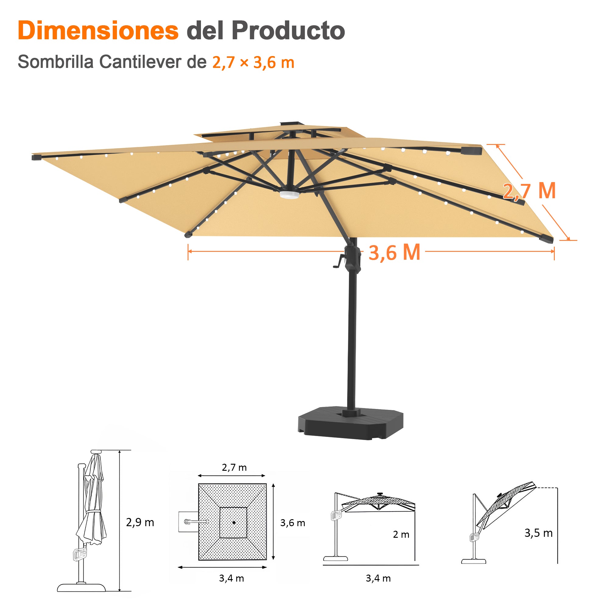 Patioslife Aegis Pro | Parasol Lateral Excéntrico 3x3m con LED Solar — Estructura de Aluminio Termolacado, Sombrilla Inclinable y Giratoria 360°