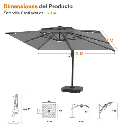 Patioslife Aegis Pro | Parasol Lateral Excéntrico 3x3m con LED Solar — Estructura de Aluminio Termolacado, Sombrilla Inclinable y Giratoria 360°