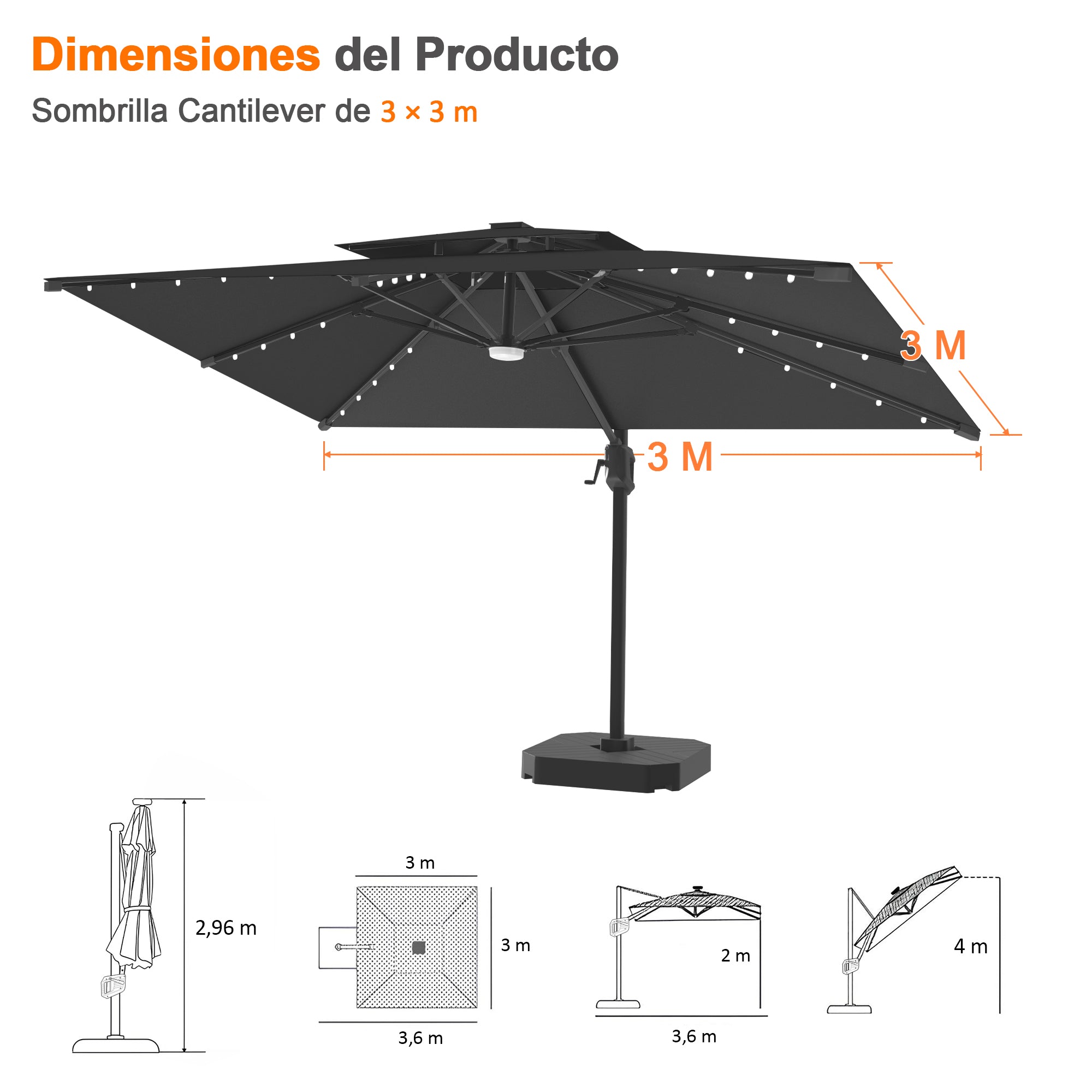 Patioslife Aegis Pro | Parasol Lateral Excéntrico 3x3m con LED Solar — Estructura de Aluminio Termolacado, Sombrilla Inclinable y Giratoria 360°