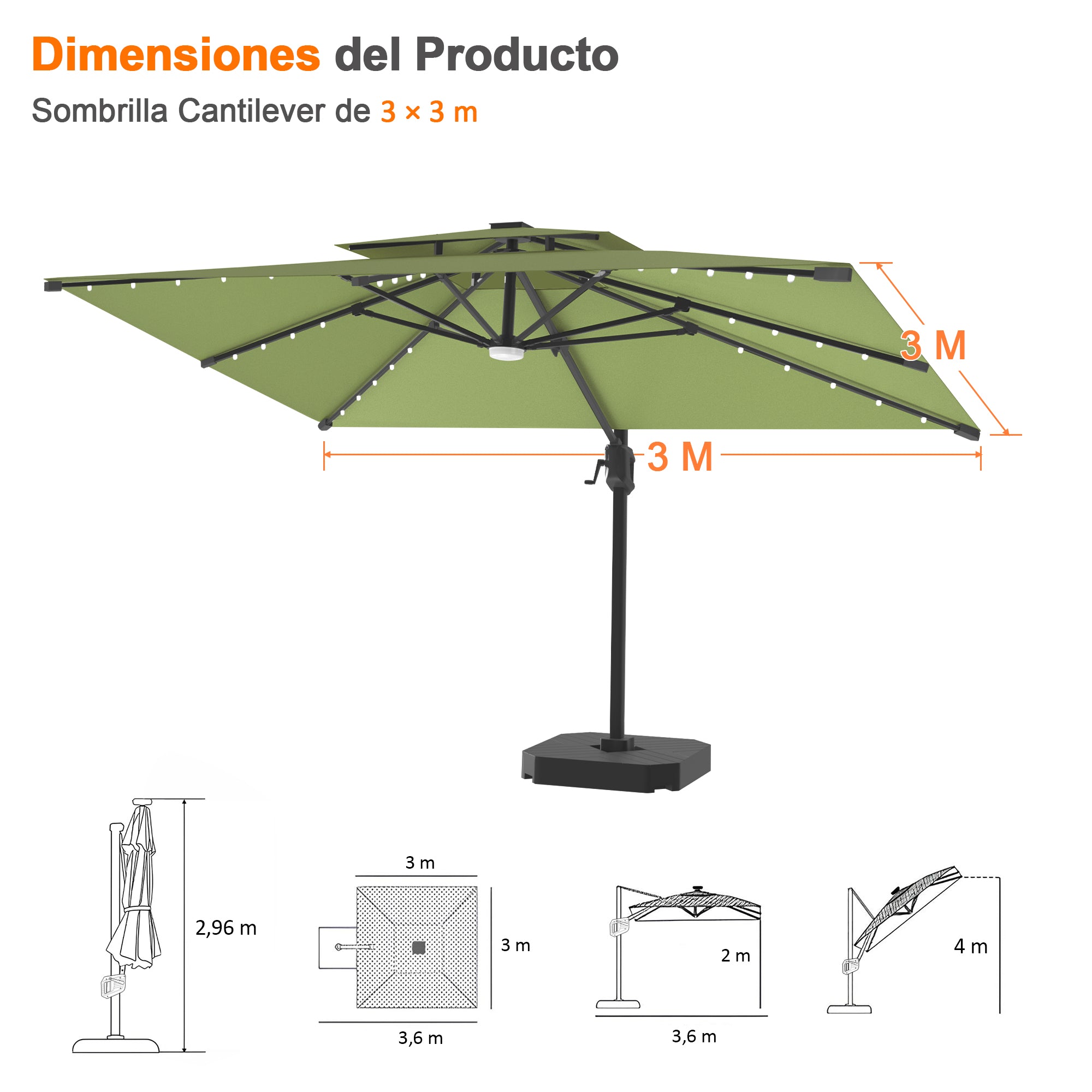 Patioslife Aegis Pro | Parasol Lateral Excéntrico 3x3m con LED Solar — Estructura de Aluminio Termolacado, Sombrilla Inclinable y Giratoria 360°