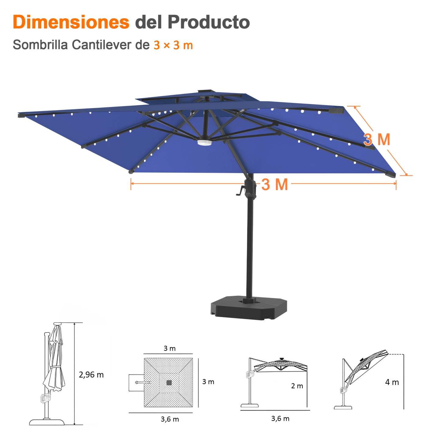 Patioslife Aegis Pro | Parasol Lateral Excéntrico 3x3m con LED Solar — Estructura de Aluminio Termolacado, Sombrilla Inclinable y Giratoria 360°