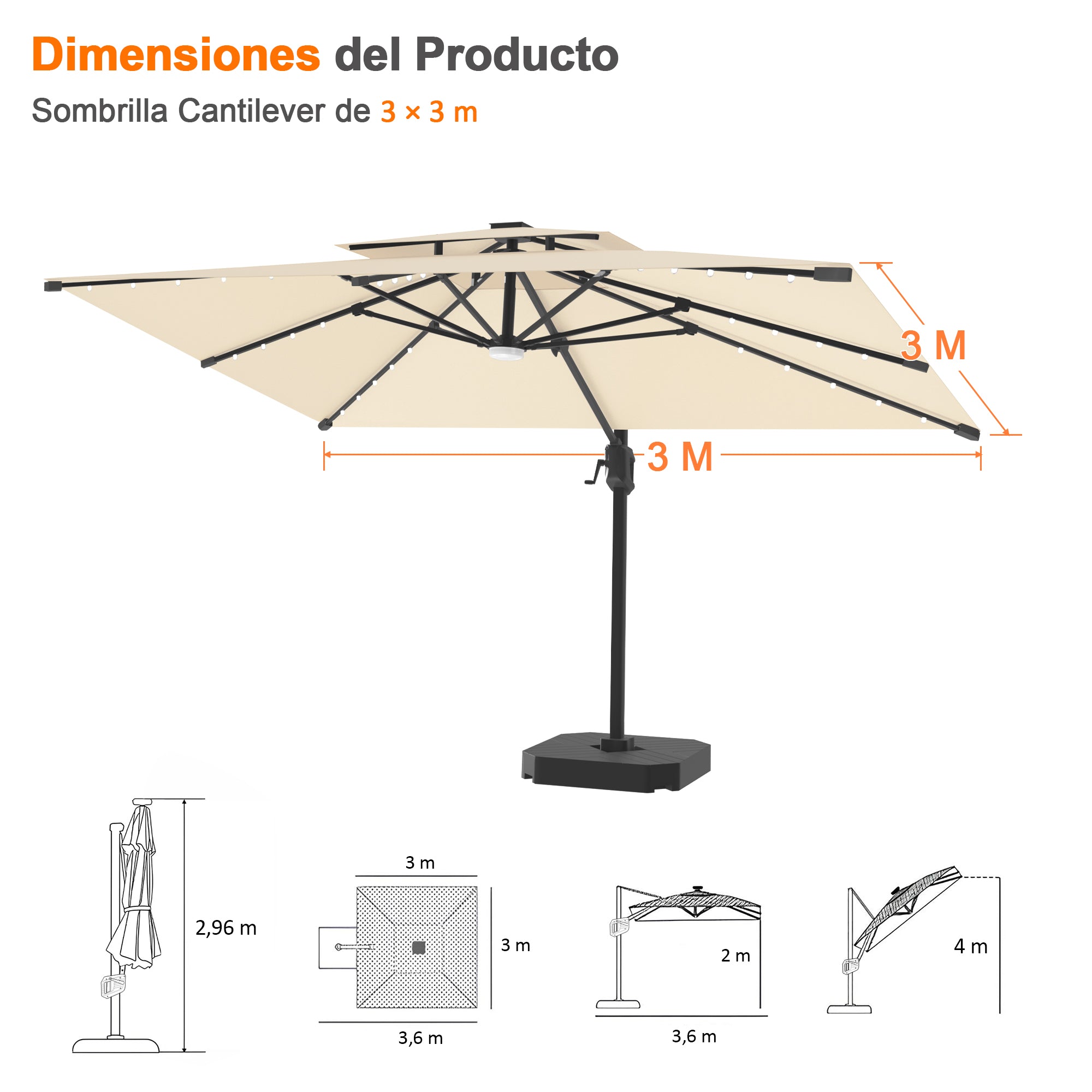 Patioslife Aegis Pro | Parasol Lateral Excéntrico 3x3m con LED Solar — Estructura de Aluminio Termolacado, Sombrilla Inclinable y Giratoria 360°