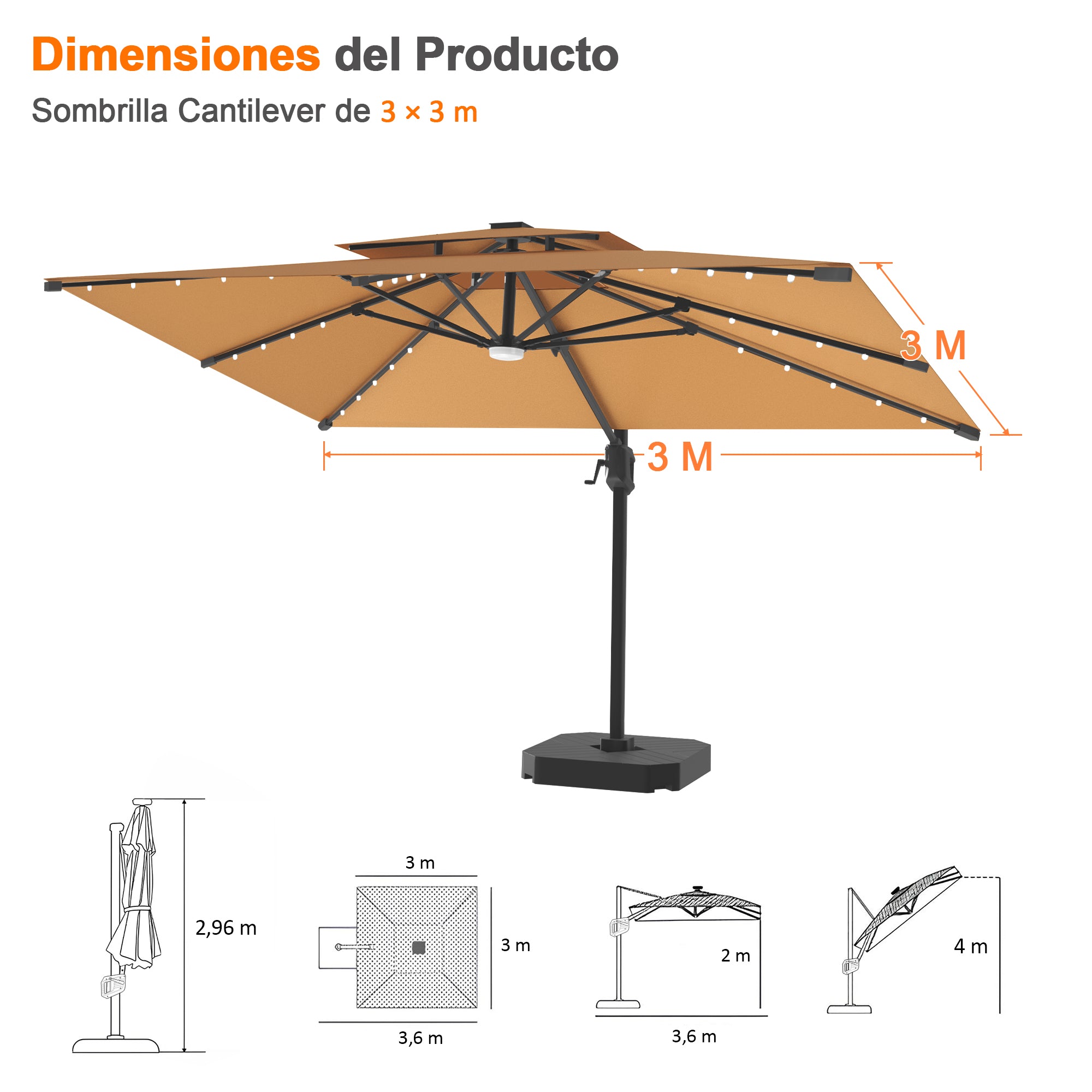 Patioslife Aegis Pro | Parasol Lateral Excéntrico 3x3m con LED Solar — Estructura de Aluminio Termolacado, Sombrilla Inclinable y Giratoria 360°