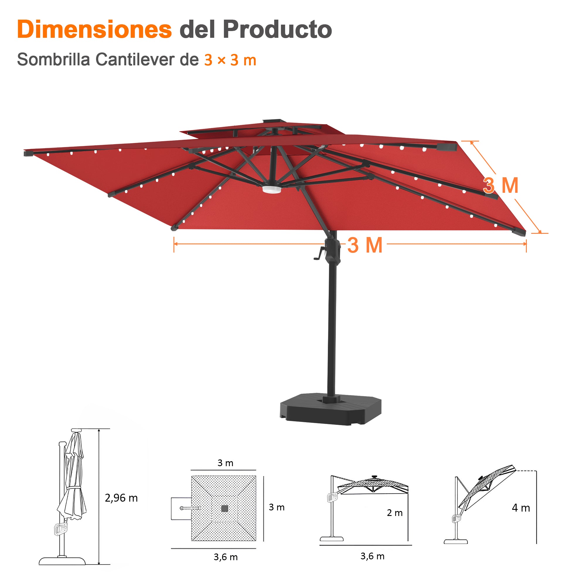 Patioslife Aegis Pro | Parasol Lateral Excéntrico 3x3m con LED Solar — Estructura de Aluminio Termolacado, Sombrilla Inclinable y Giratoria 360°