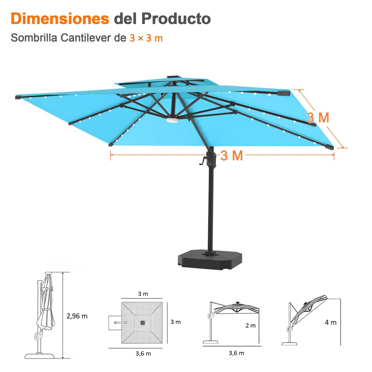 Patioslife Aegis Pro | Parasol Lateral Excéntrico 3x3m con LED Solar — Estructura de Aluminio Termolacado, Sombrilla Inclinable y Giratoria 360°