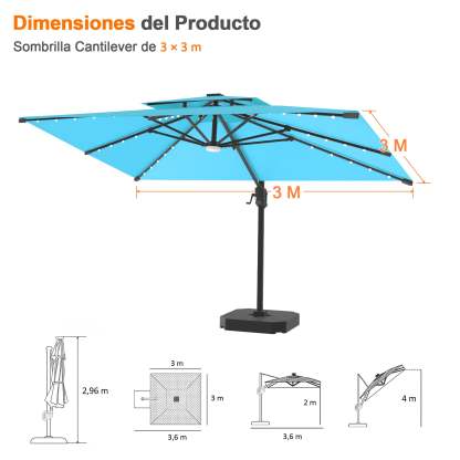Patioslife Aegis Pro | Parasol Lateral Excéntrico 3x3m con LED Solar — Estructura de Aluminio Termolacado, Sombrilla Inclinable y Giratoria 360°