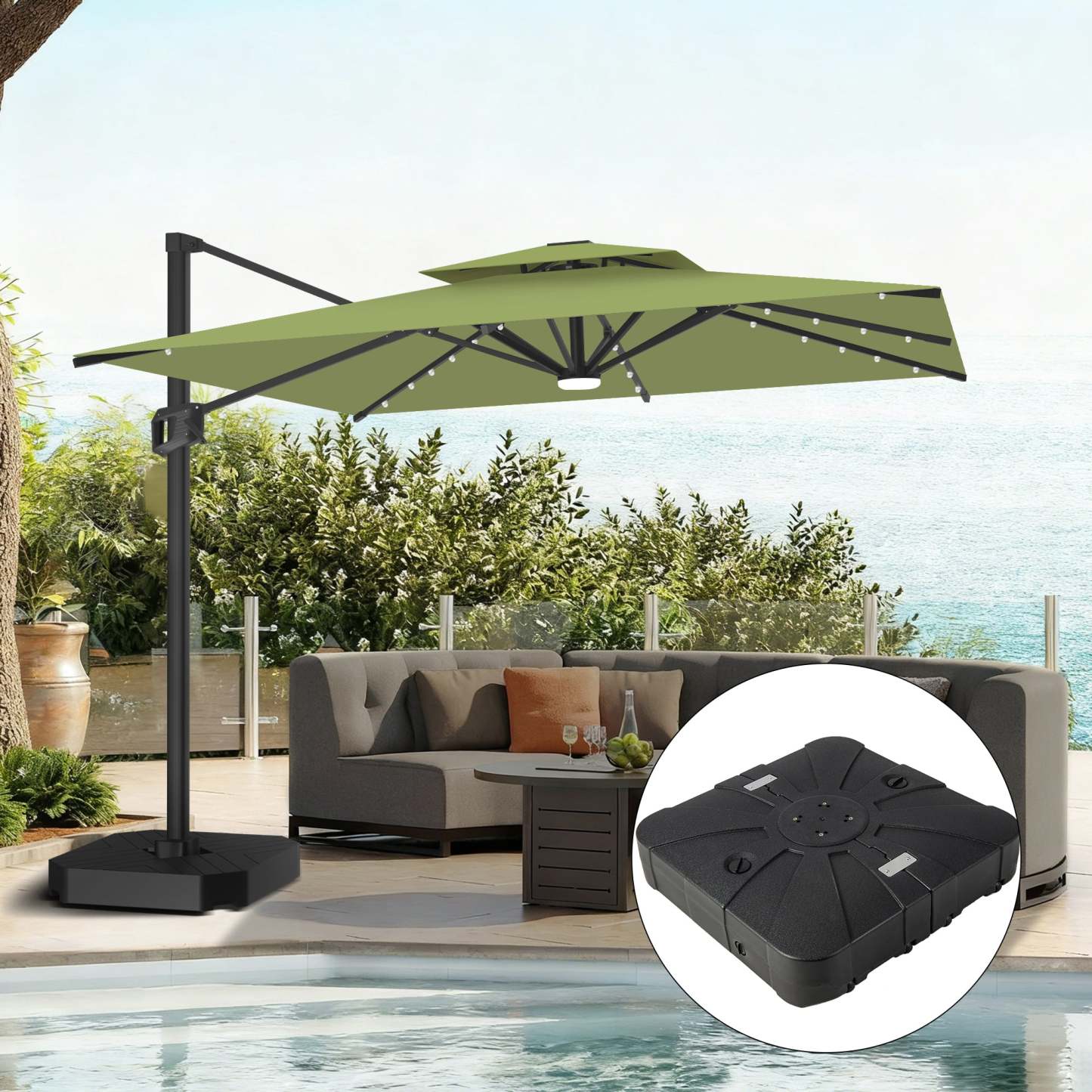Patioslife Aegis Pro | Parasol Lateral Excéntrico 3x3m con LED Solar — Estructura de Aluminio Termolacado, Sombrilla Inclinable y Giratoria 360°
