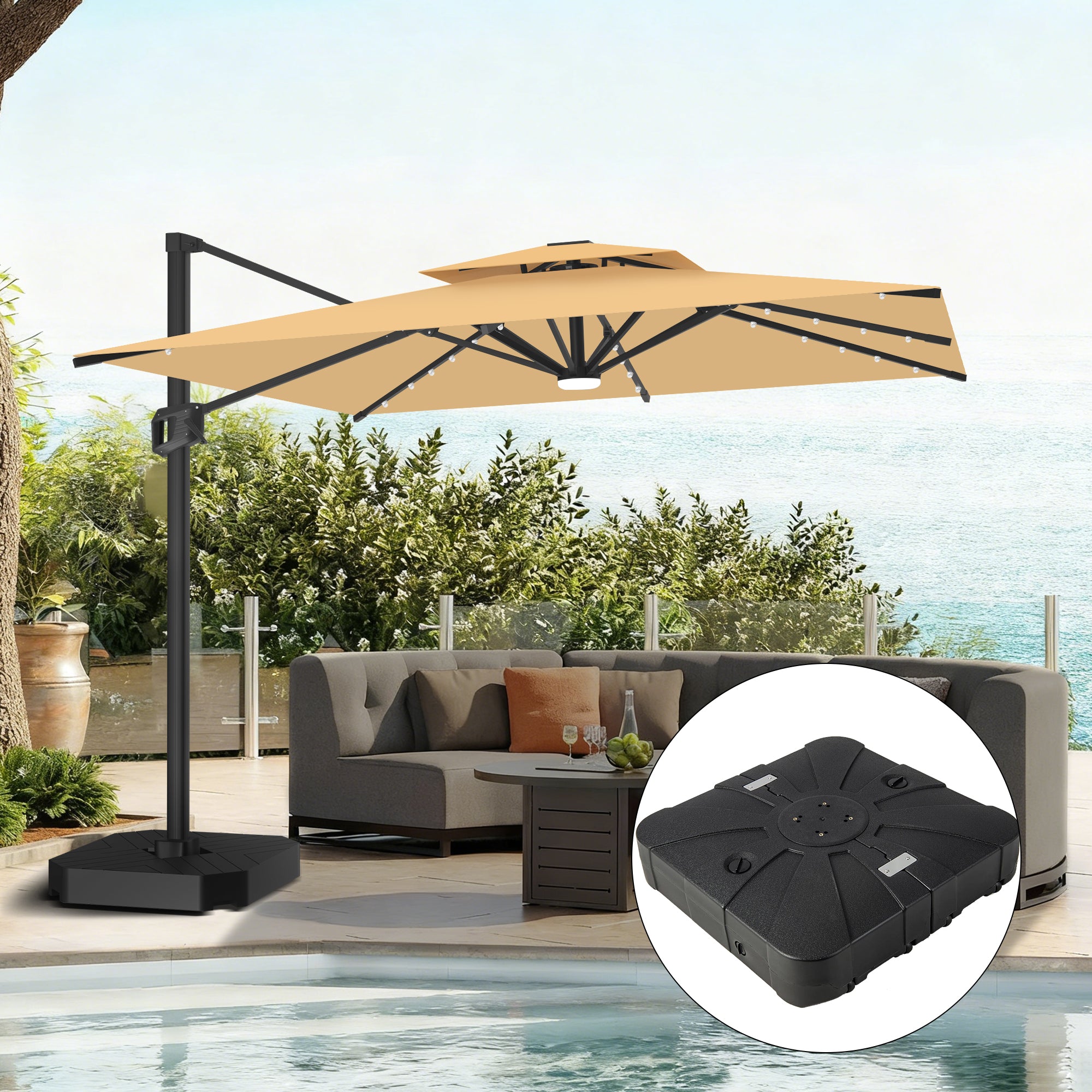 Patioslife Aegis Pro | Parasol Lateral Excéntrico 3x3m con LED Solar — Estructura de Aluminio Termolacado, Sombrilla Inclinable y Giratoria 360°